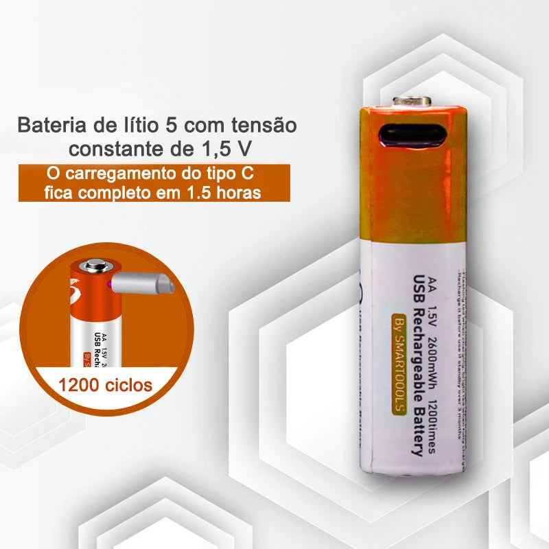 Bateria Li-ion Recarregável USB para Multímetro, Microfone, Controle Remoto, Mouse, AA, 2600mAh, 1.5V