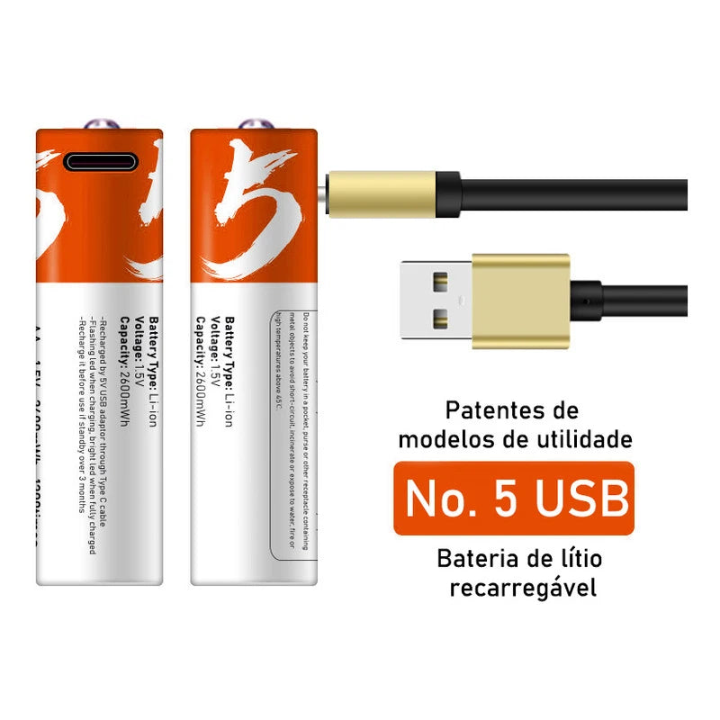 Bateria Li-ion Recarregável USB para Multímetro, Microfone, Controle Remoto, Mouse, AA, 2600mAh, 1.5V