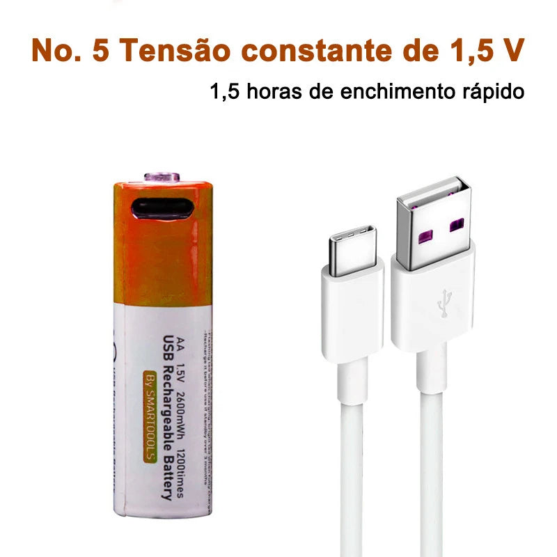 Bateria Li-ion Recarregável USB para Multímetro, Microfone, Controle Remoto, Mouse, AA, 2600mAh, 1.5V