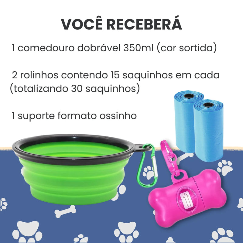 Kit Passeio Cata Caca Coco Cachorro C/ Comedouro Bebedouro Portátil