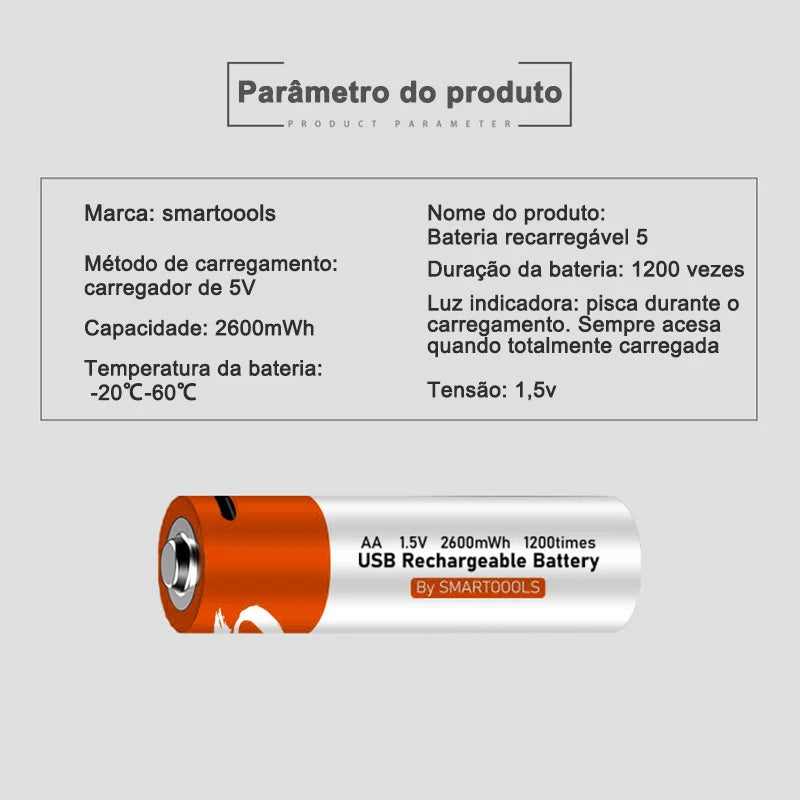 Bateria Li-ion Recarregável USB para Multímetro, Microfone, Controle Remoto, Mouse, AA, 2600mAh, 1.5V