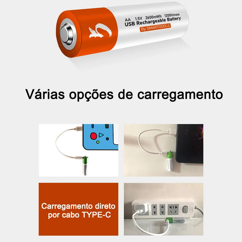 Bateria Li-ion Recarregável USB para Multímetro, Microfone, Controle Remoto, Mouse, AA, 2600mAh, 1.5V