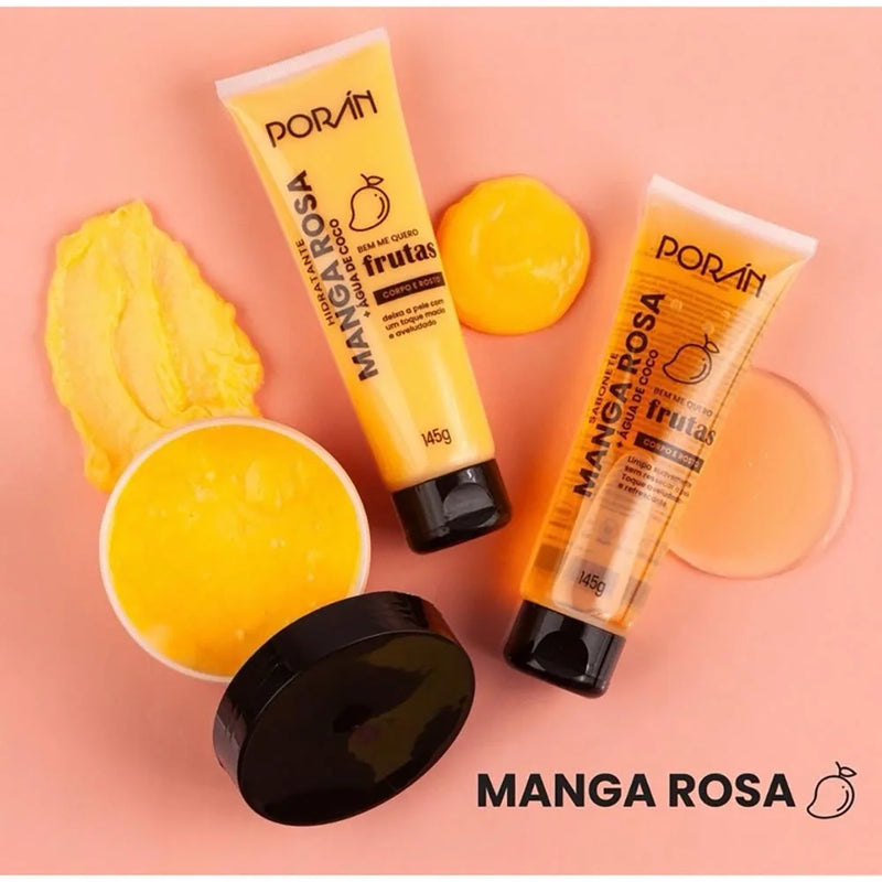 Kit c/ 3 Itens Esfoliante, Hidratante e Sabonete Corpo e Rosto Manga Rosa Porán