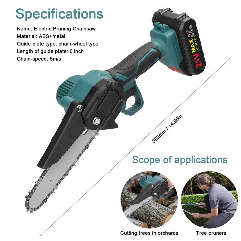 Serra Elétrica Mini 21V Recarregável – Motosserra Compacta para Poda de Madeira e Jardinagem, Lâmina de 6 Polegadas