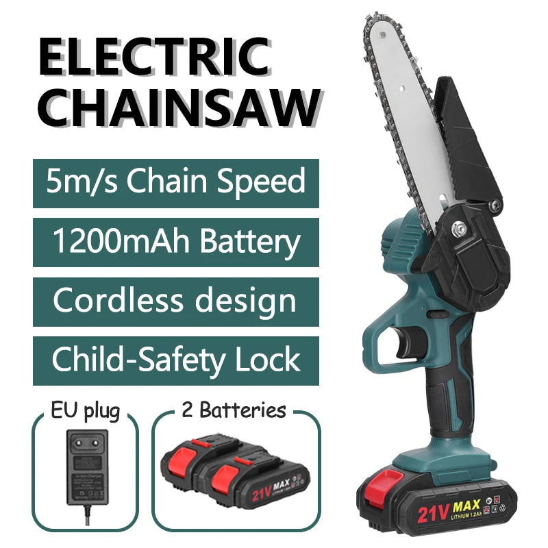 Serra Elétrica Mini 21V Recarregável – Motosserra Compacta para Poda de Madeira e Jardinagem, Lâmina de 6 Polegadas